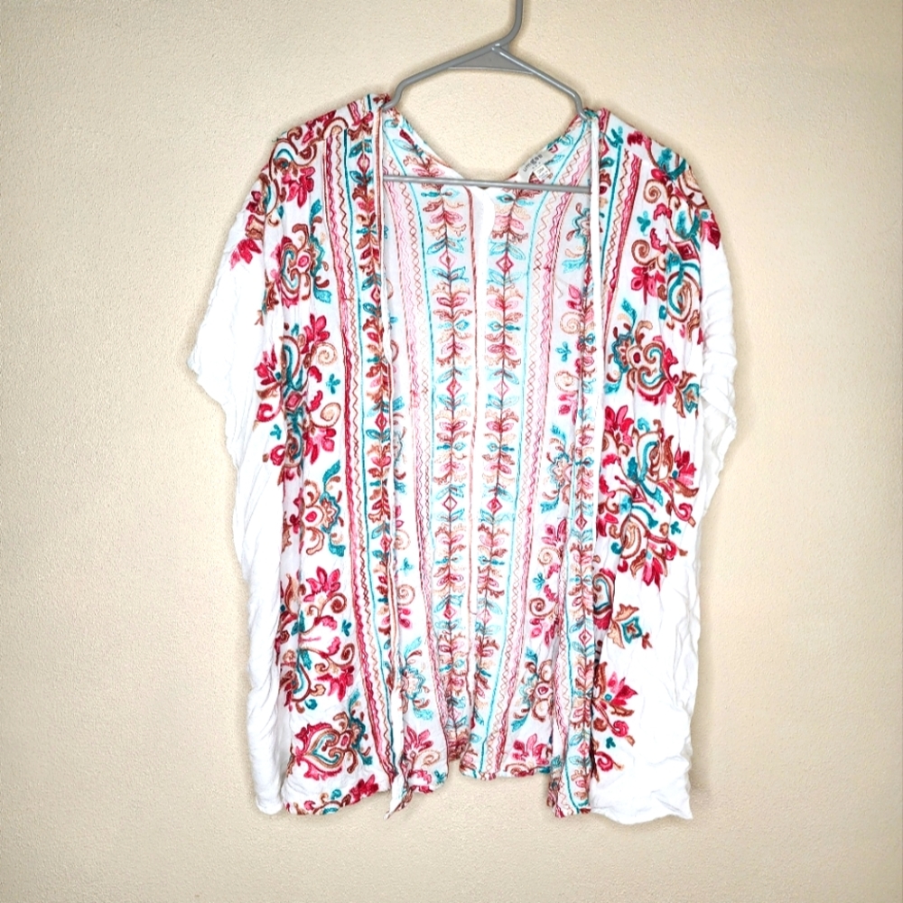Umgee Kimono Duster Cardigan Floral Embroidered Boho Short Sleeve White Size S/M